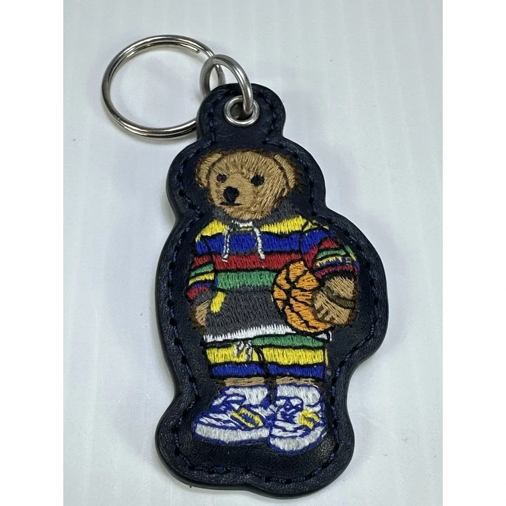 Polo Ralph Lauren BASKETBALL BEAR LEATHER Key Ring Keychain NAVY BLUE